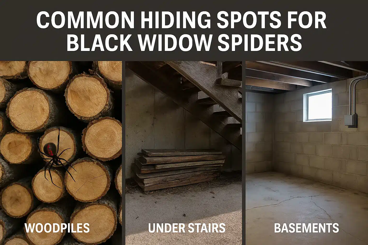 Collage of images of Common hiding spots for black widow spider.