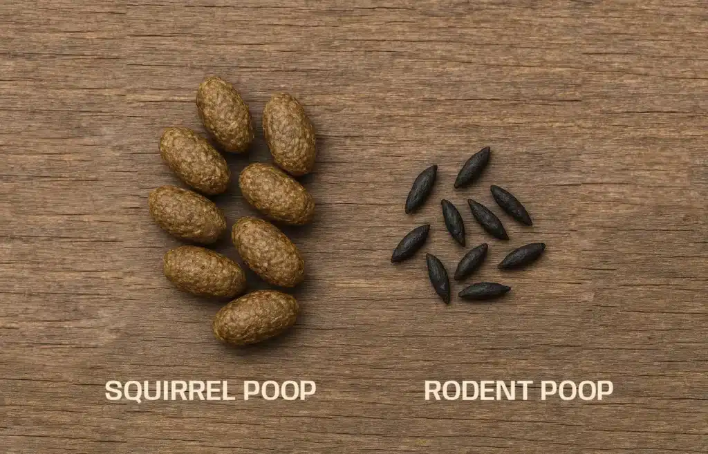 A top-down image showing squirrel droppings next to rat droppings on a wooden surface for comparison, no text or branding
