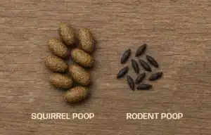 A top-down image showing squirrel droppings next to rat droppings on a wooden surface for comparison, no text or branding