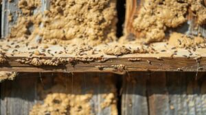 Water-damaged wooden beam in a damp basement.