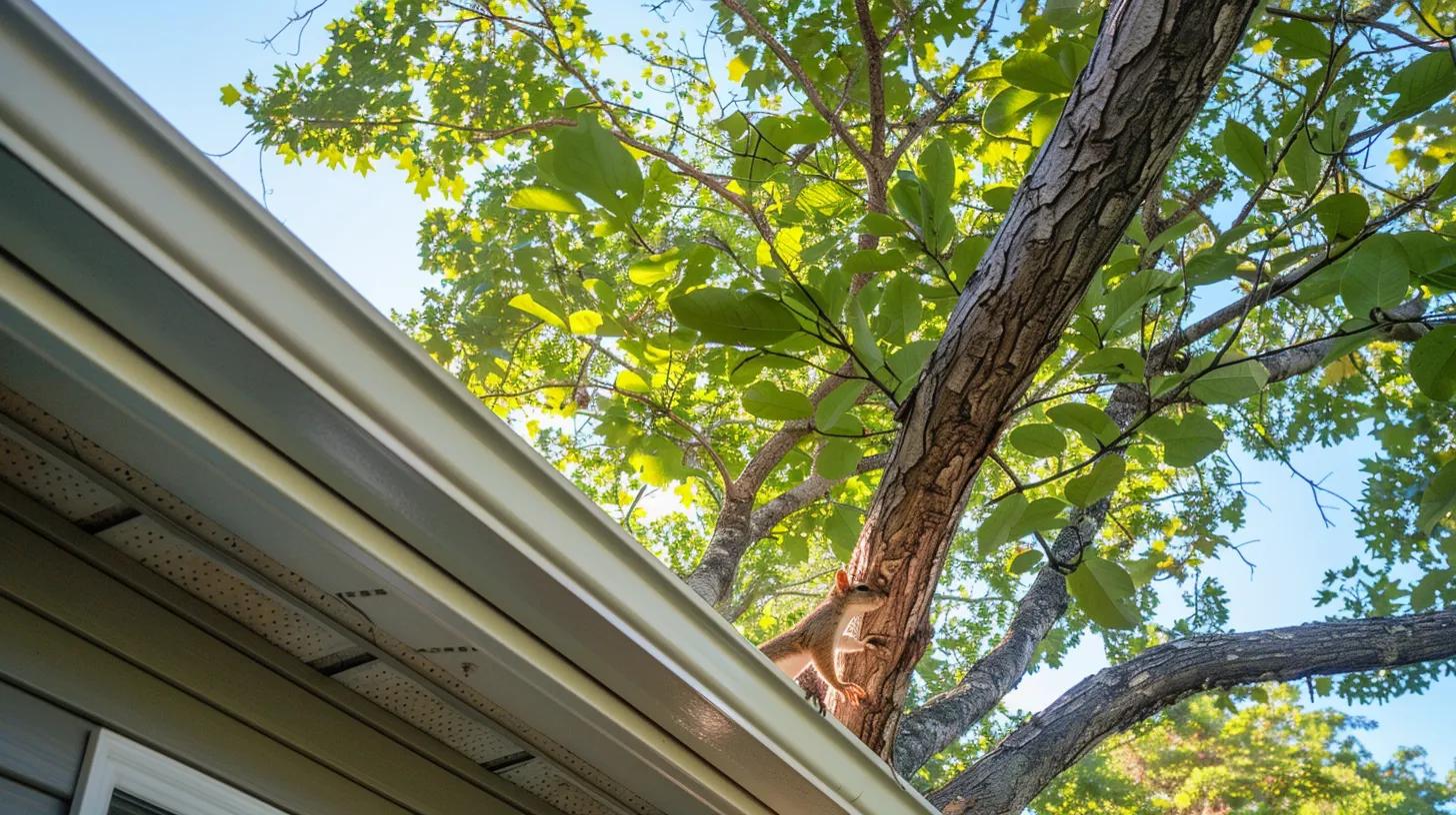 Overhanging tree branches close to a residential roof being trimmed to prevent squirrel access.