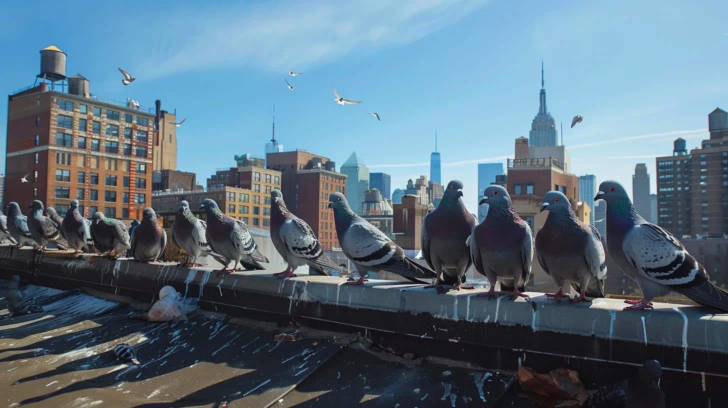 flock of pigeons on top of the roof