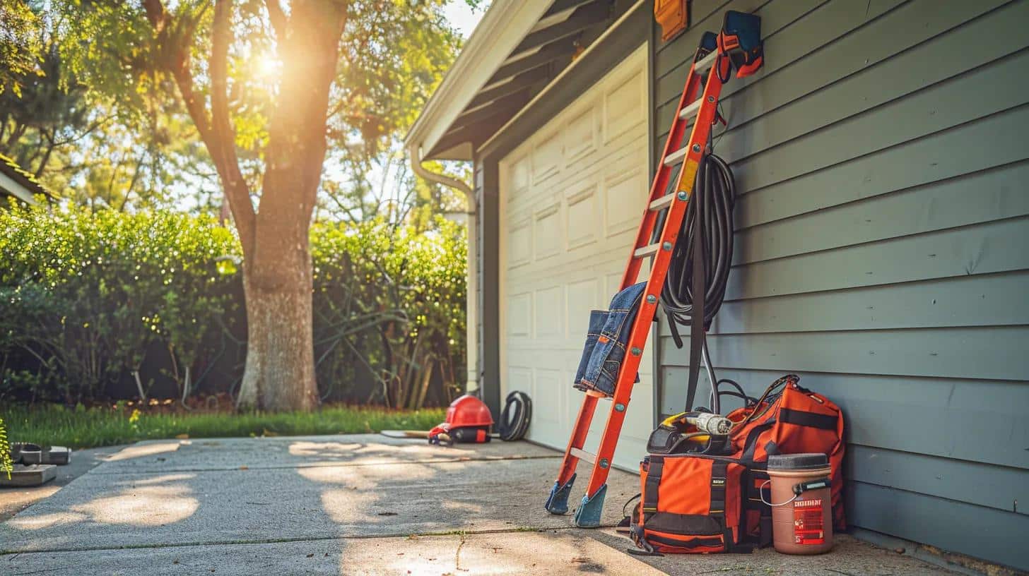 Exterior inspection of a house with ladder and gear near eaves