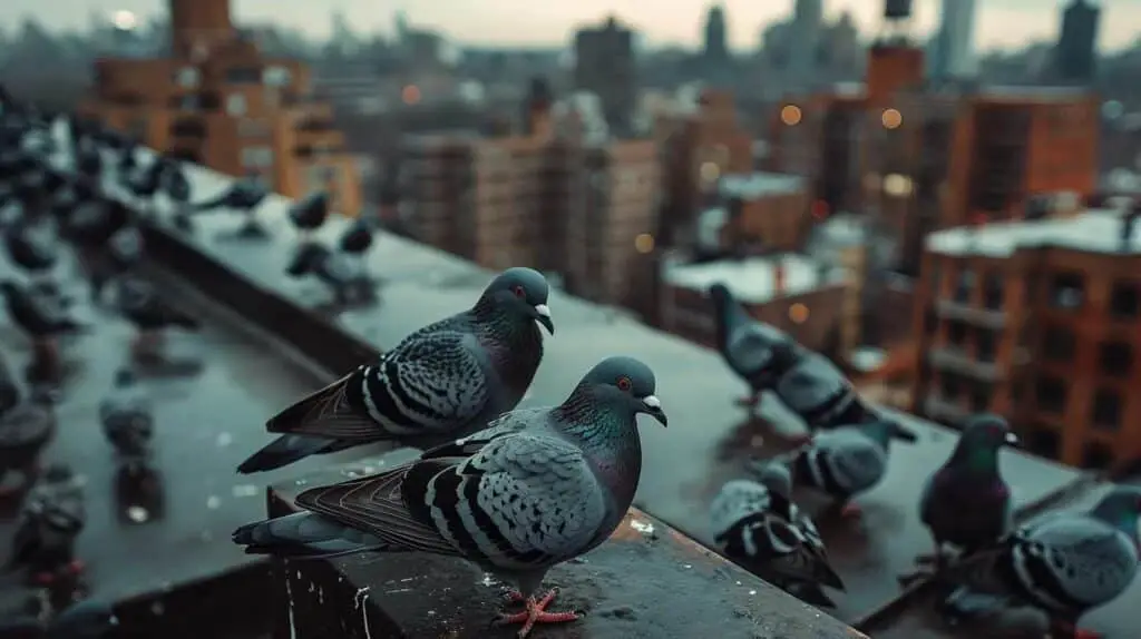 Group of pigeons roosting on a Newark building rooftop