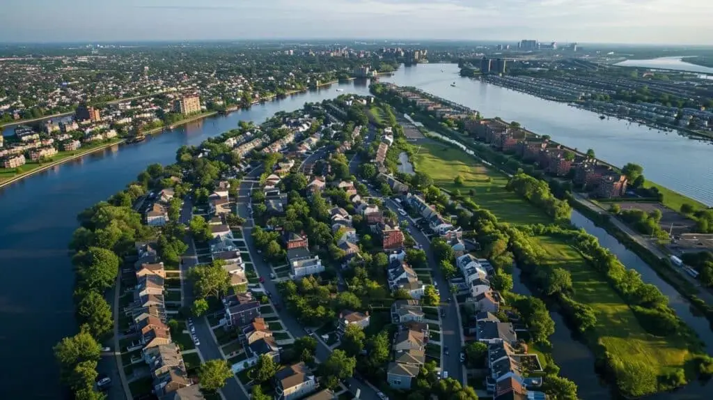 Aerial view of Hudson County neighborhoods bordering green spaces