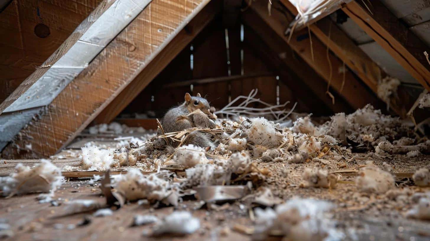 Squirrel droppings and shredded insulation inside an attic corner