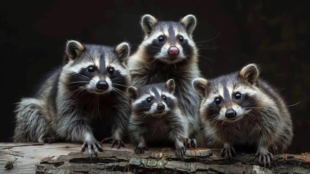 Four Raccoons clustered together on top of a lumber