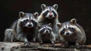 Four Raccoons clustered together on top of a lumber