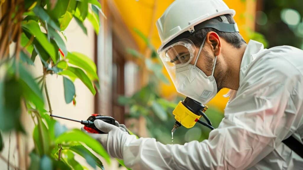 Professional pest control technician inspecting a residential home