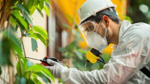 Professional pest control technician inspecting a residential home
