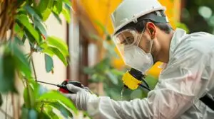Professional pest control technician inspecting a residential home