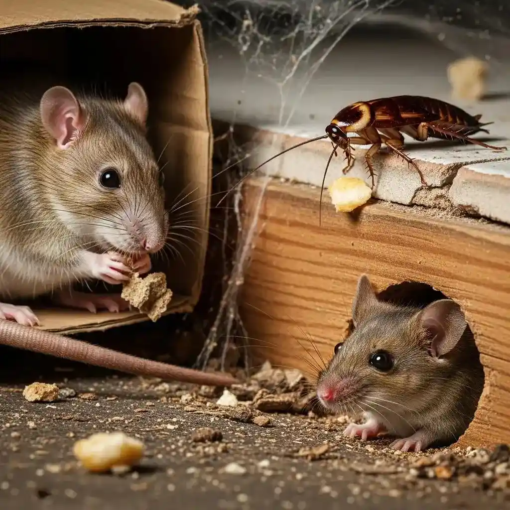 Close-up of common winter pests including house mouse, Norway rat, and German cockroach in their natural habitats
