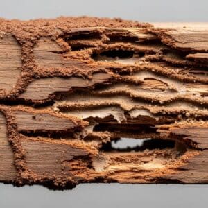 Close-up of termite damage in wood, showcasing mud tubes and hollow sections, highlighting early warning signs for homeowners