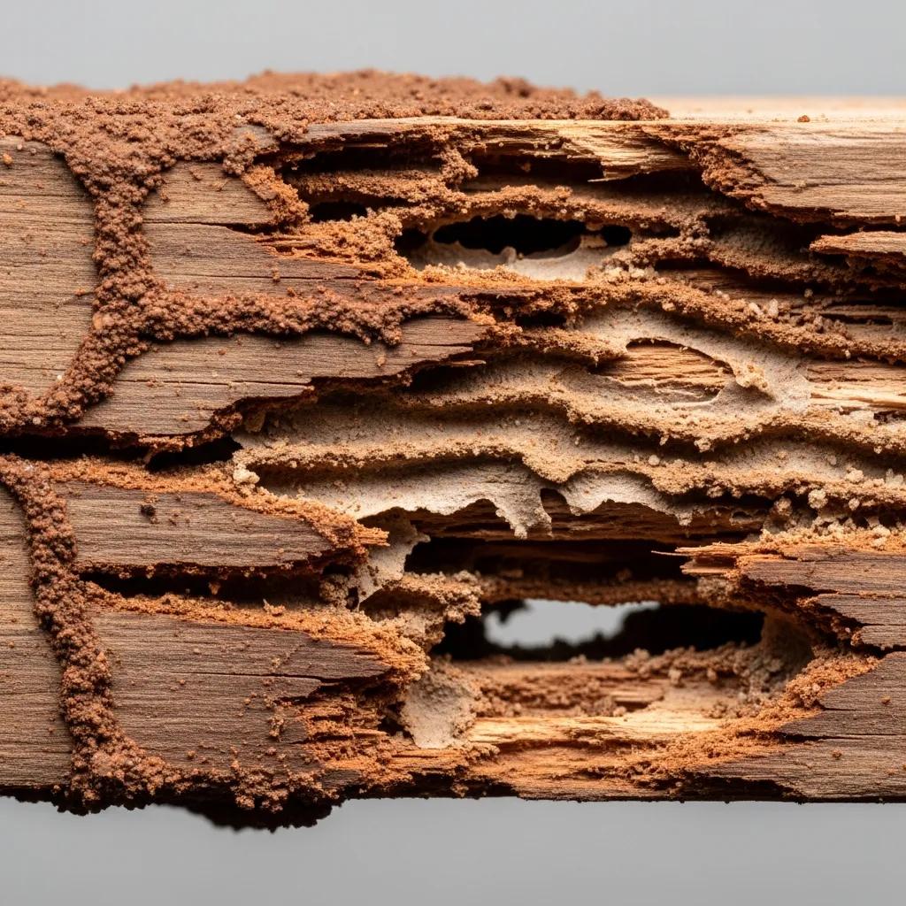 Close-up of termite damage in wood, showcasing mud tubes and hollow sections, highlighting early warning signs for homeowners