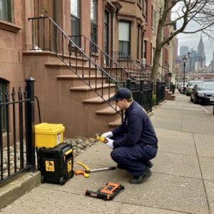 Pest control technician inspecting foundation for pest prevention in Bayonne