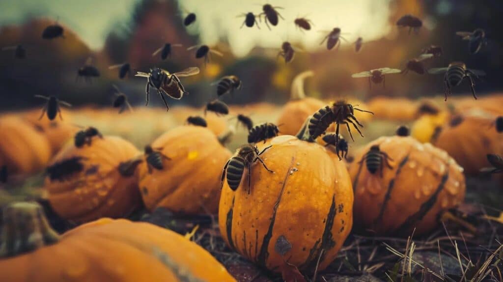 a bunch of bees on a pumpkin patch