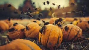 a bunch of bees on a pumpkin patch