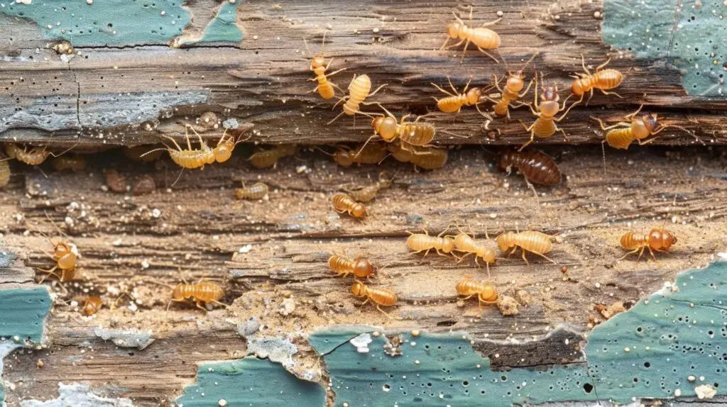 Termites on damaged wooden wall
