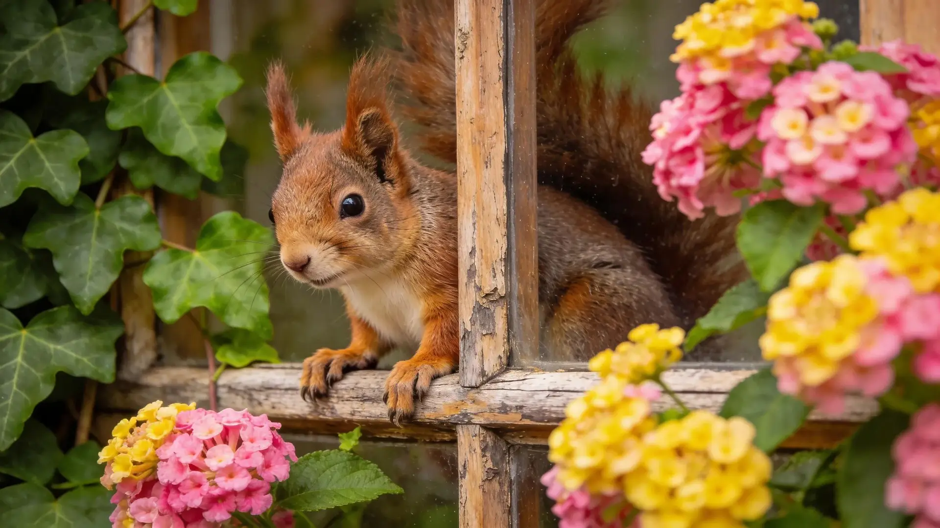 ### Main Subject - Squirrel ### Objects - Window frame - Plants and flowers ###