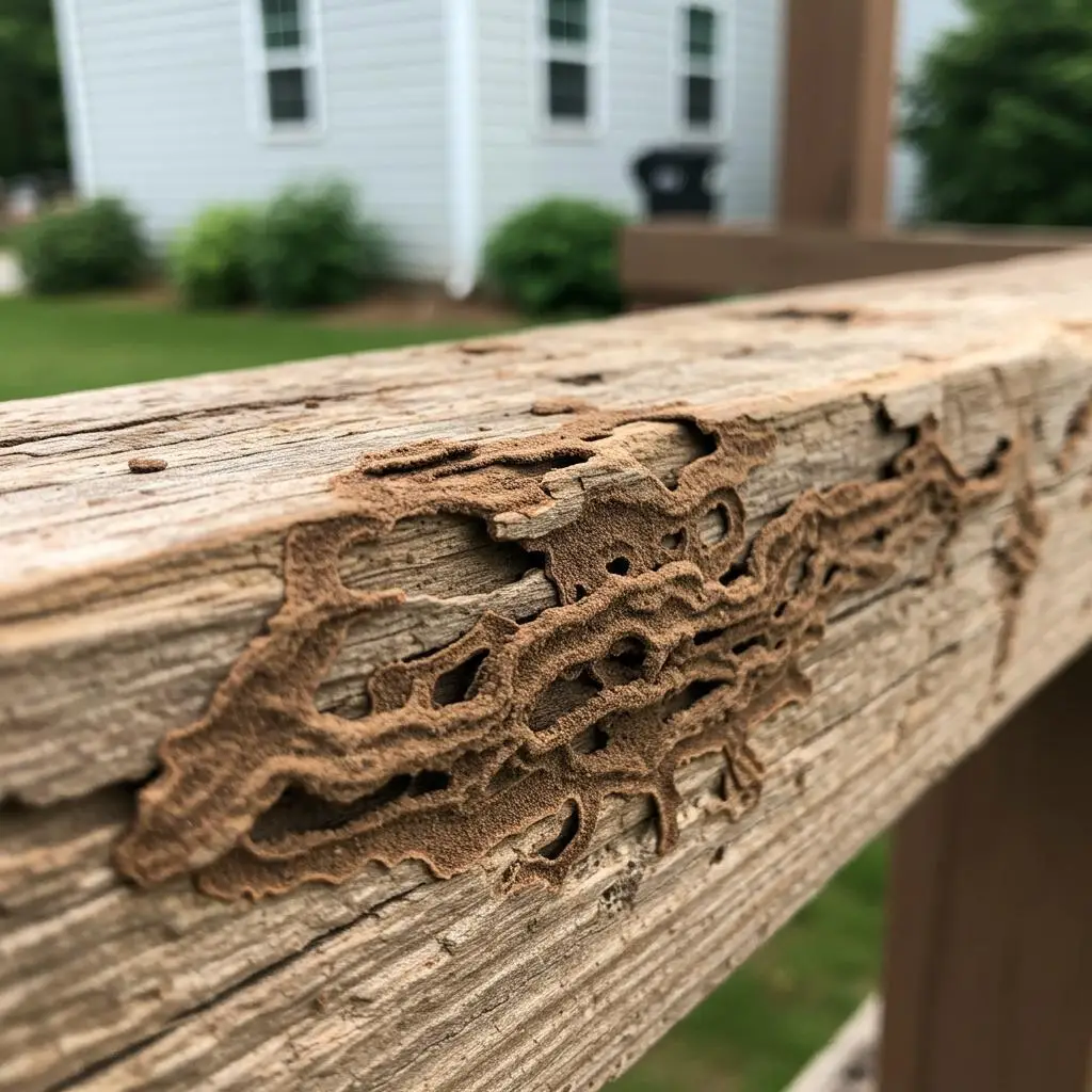 Weathered wooden deck railing where ground-nesting wasps can build hidden nests