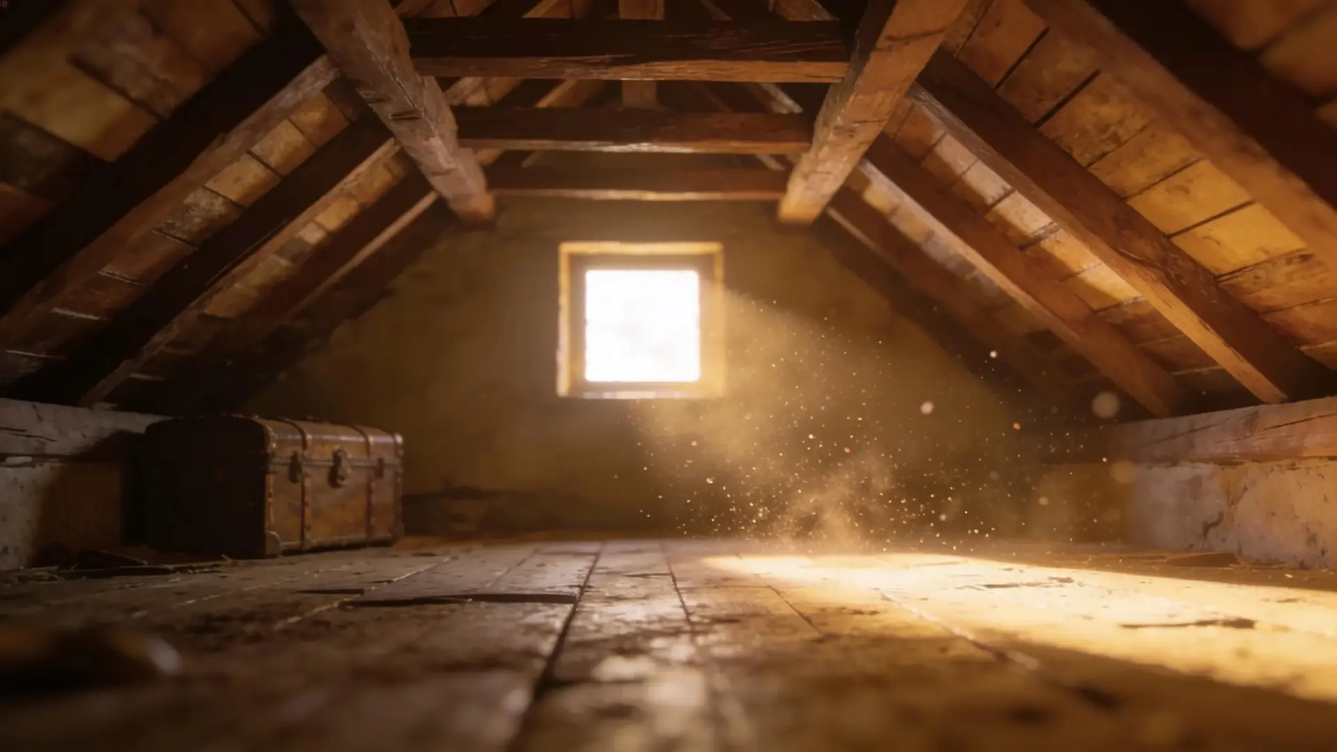 ### Key Elements - **Main Subject**: Attic space - **Notable Features**: Sunlight streaming through a