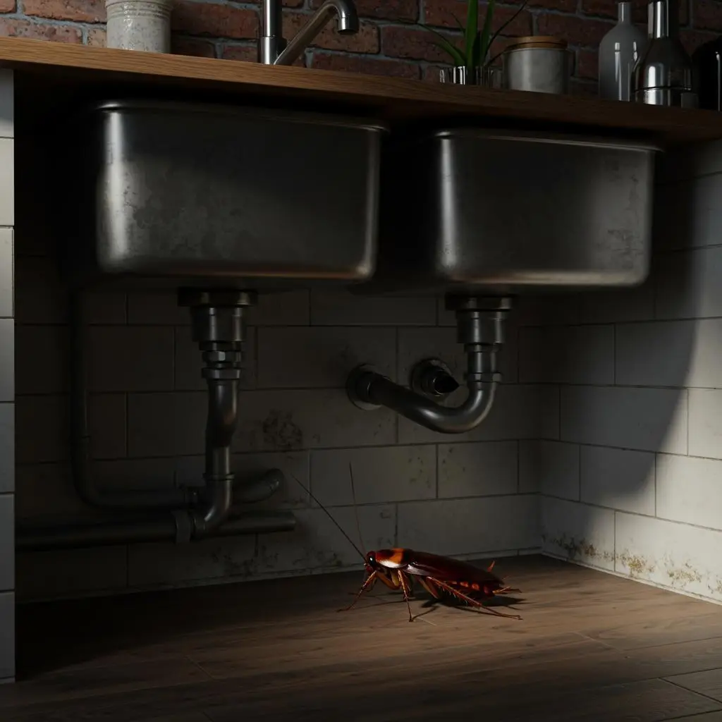 Cockroach near kitchen sink signaling a pest infestation
