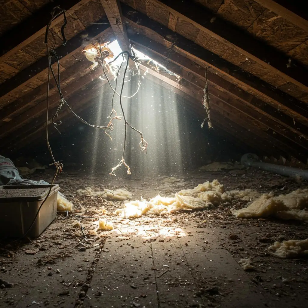 ### Key Elements - **Main Subject**: Attic space - **Notable Features**: Sunlight streaming through a