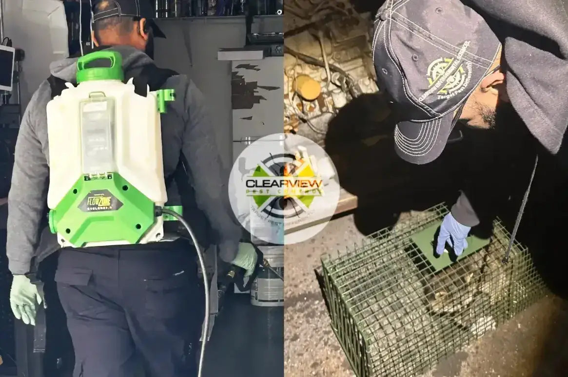 A person wearing a backpack sprayer and gloves, handling a trap with a cat inside