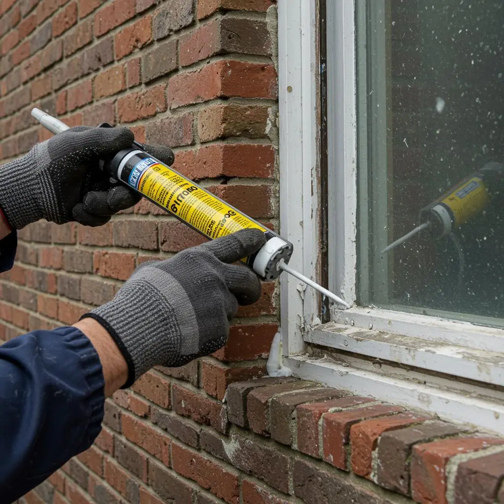 ### Key Elements - **Main Subject**: A person applying caulk to a window frame. -