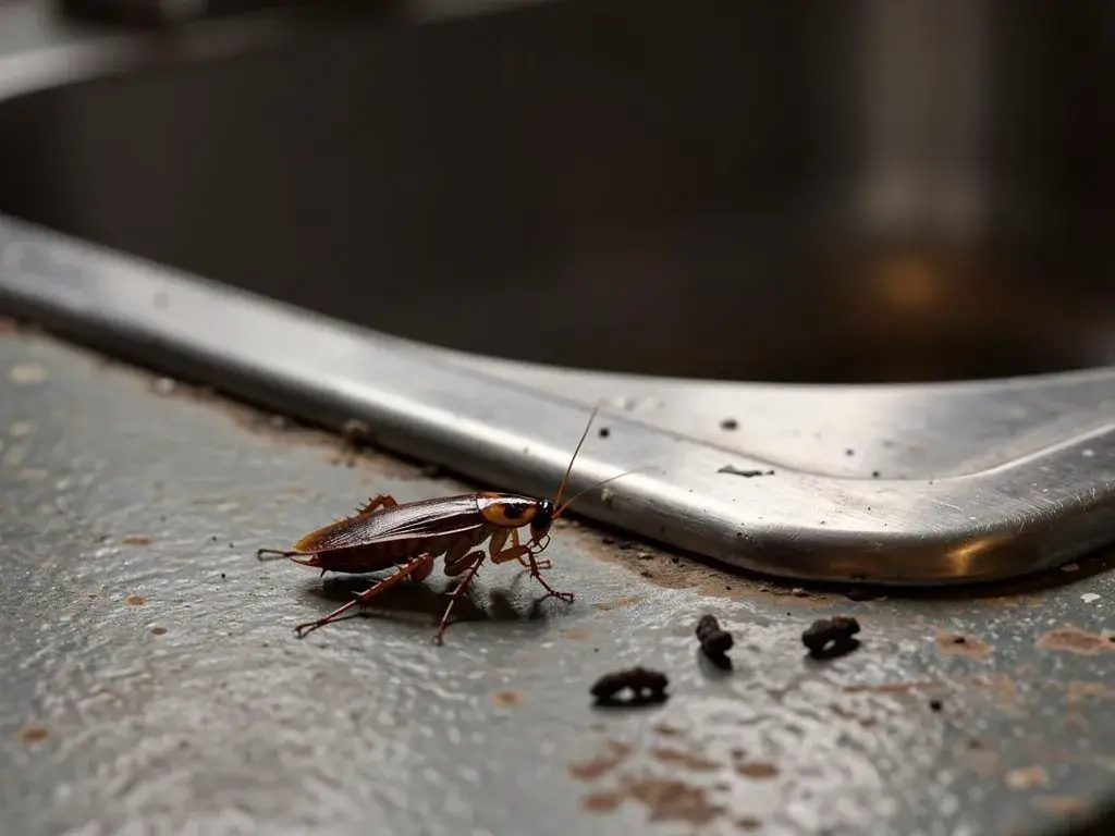 ### Key Elements **Main Subjects** - Two metal sinks - A cockroach **Objects** - Kitchen