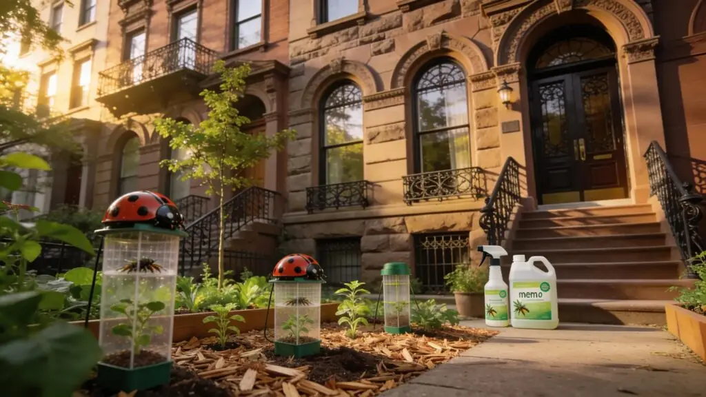 Historic brownstone building surrounded by eco-friendly pest control solutions in an urban setting