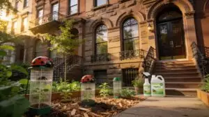 Historic brownstone building surrounded by eco-friendly pest control solutions in an urban setting
