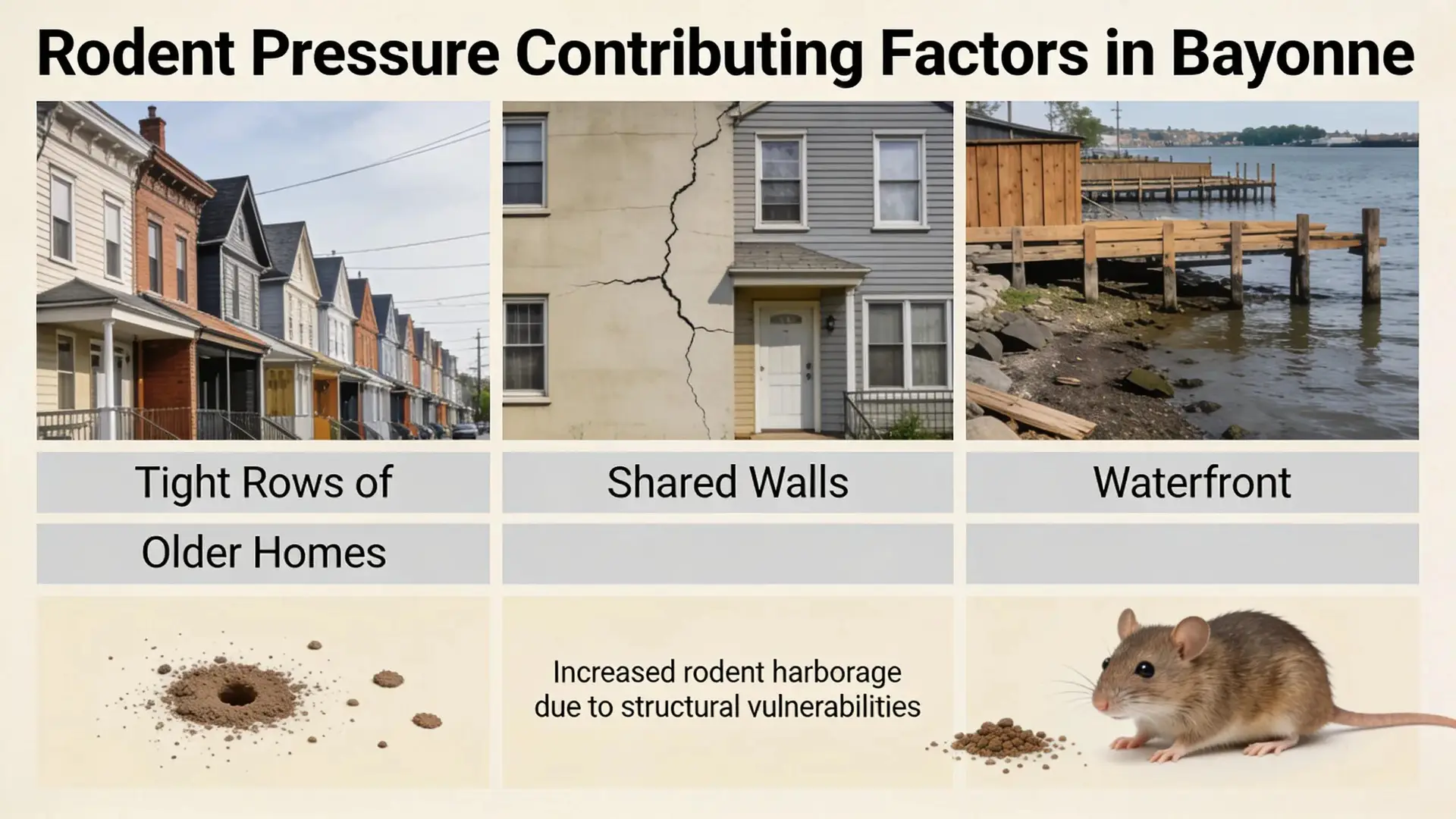 Rodent pressure in Bayonne stems from tight rows of older homes, shared walls, and waterfront