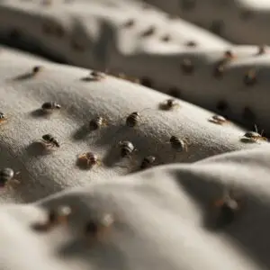 ### Key Elements **Main Subjects** - Bed bugs scattered across fabric. **Objects** - Textured fabric,