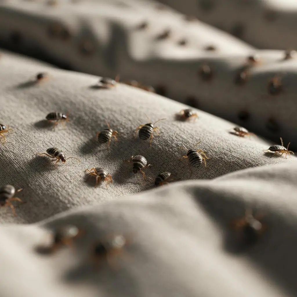 ### Key Elements **Main Subjects** - Bed bugs scattered across fabric. **Objects** - Textured fabric,