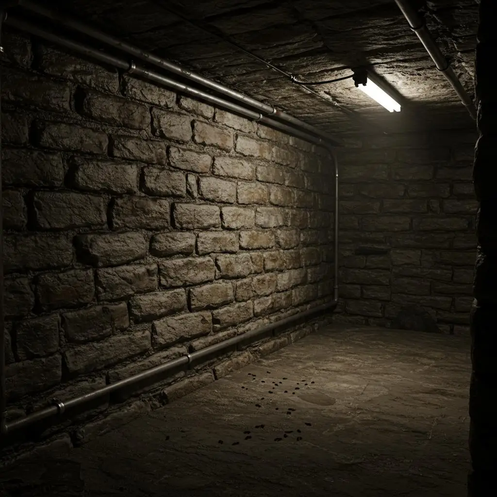 ### Key Elements **Setting** - Dark, enclosed space resembling a basement or cellar. - Stone