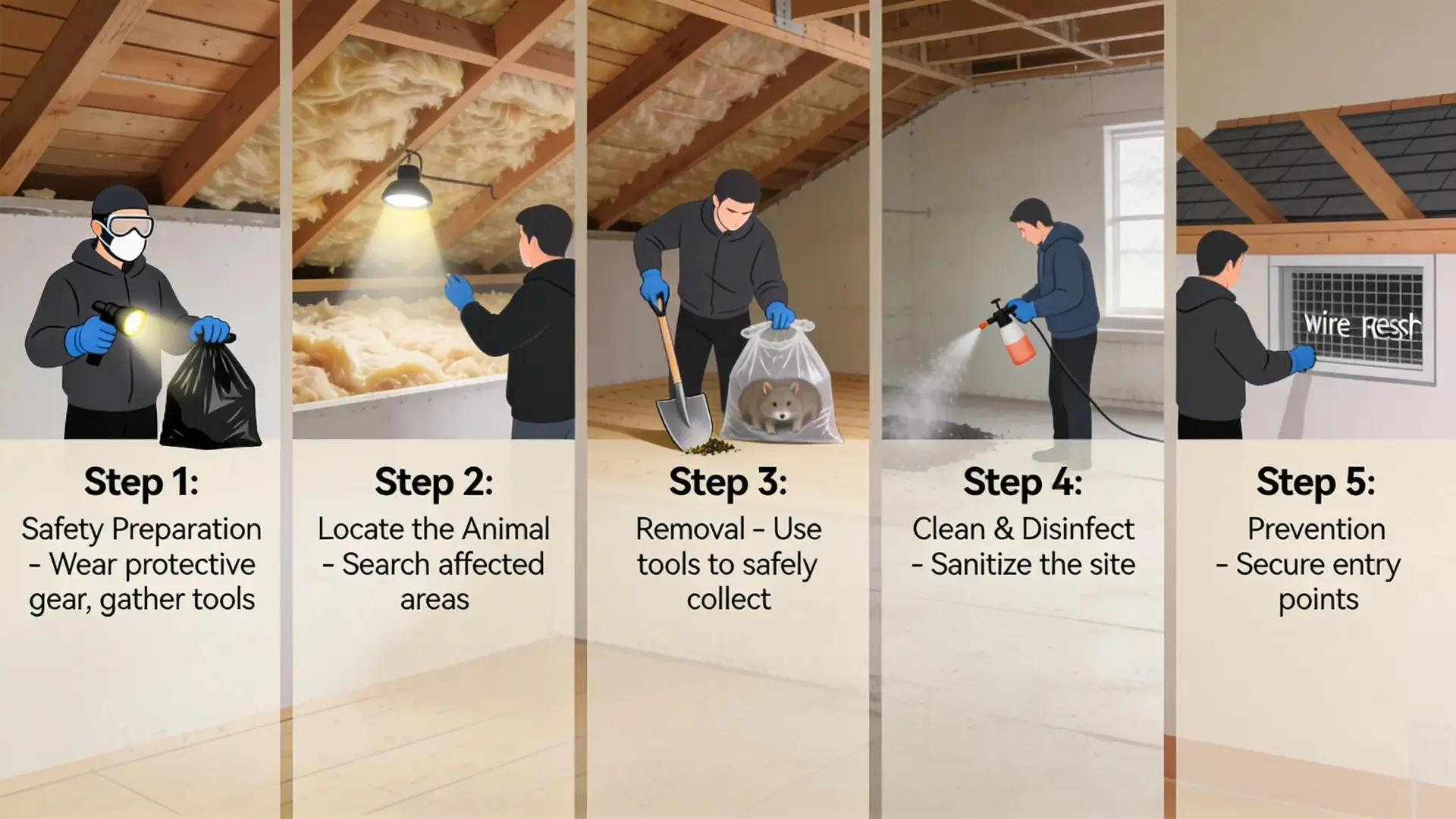 Five-step attic dead animal cleanup and disposal process