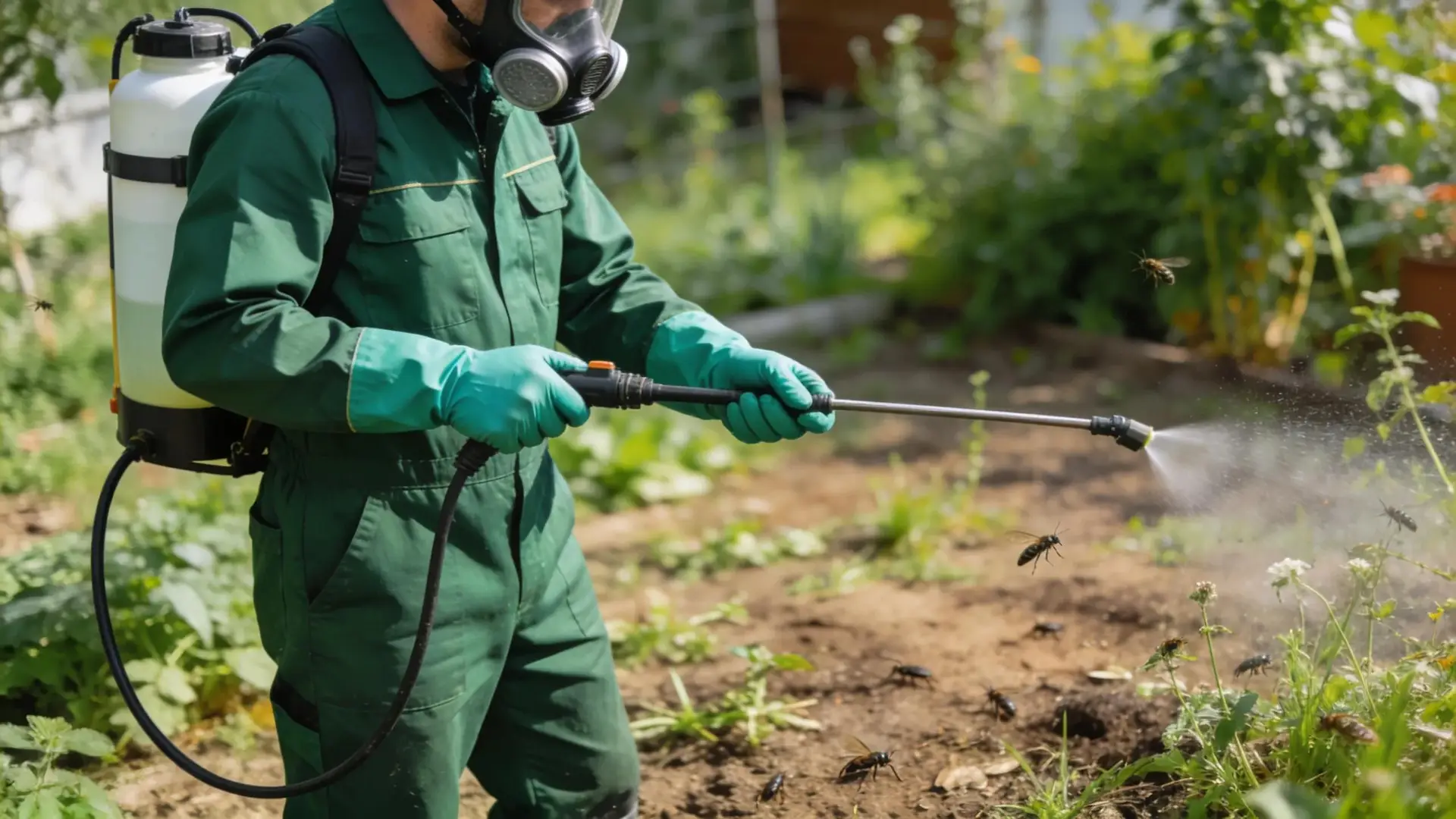 ### Key Elements - **Main Subject**: A person in a green uniform using a pest