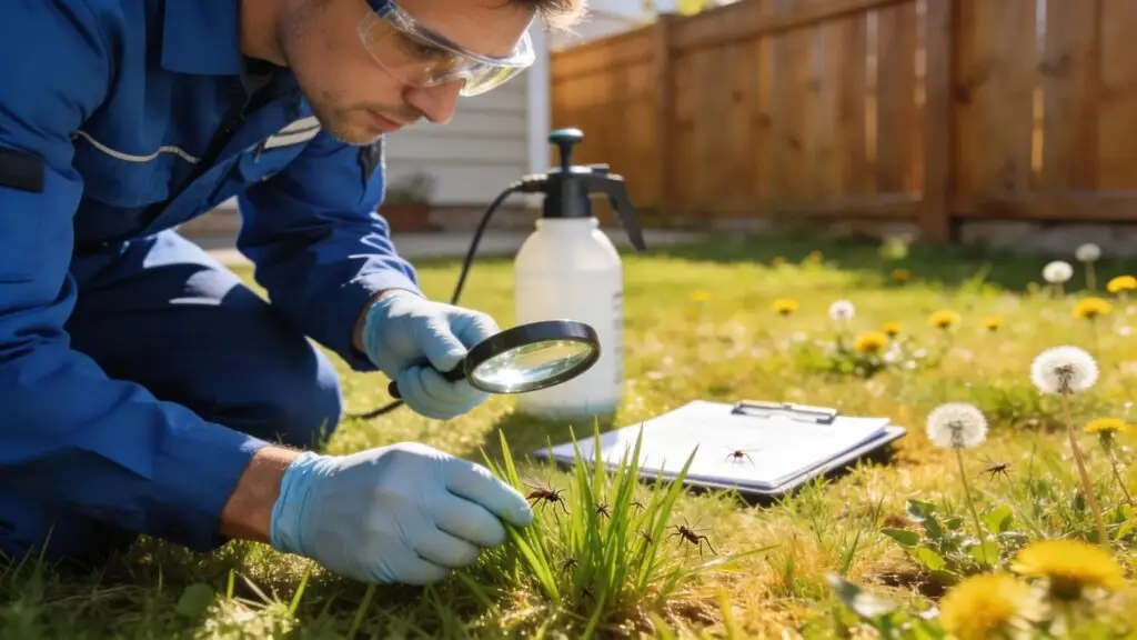 Pest control technician inspecting a residential lawn for ticks and mosquitoes