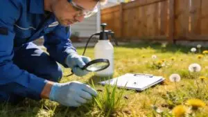 Pest control technician inspecting a residential lawn for ticks and mosquitoes