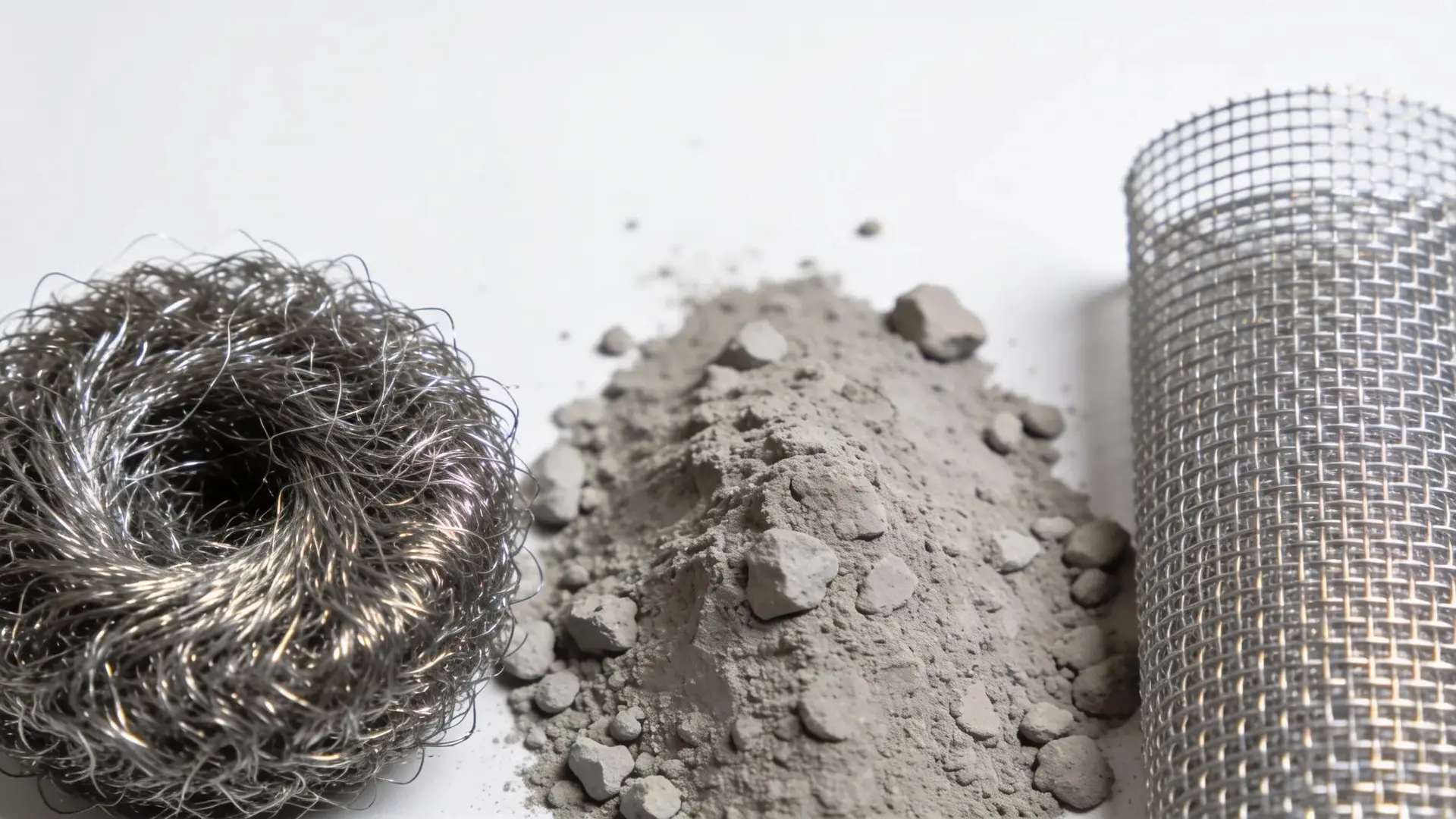Close-up of essential materials for rodent exclusion, showcasing steel wool, hydraulic cement, and hardware cloth