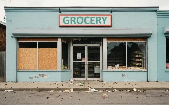 ### Key Elements

#### Main Subject
- Abandoned grocery store

#### Objects
- Broken windows
- Boarded-up sections
- Shelves visible inside

#### Notable Features
- Blue exterior paint
- Red "GROCERY" sign
- Debris on the ground

#### Text/Symbols
- "GROCERY" sign prominently displayed
- Notice on the door (possibly indicating closure)

### Overall Mood/Theme
The image conveys a sense of neglect and abandonment, highlighting the decline of a once-functional community space. The broken windows and litter suggest a lack of care, contributing to a somber and desolate atmosphere.