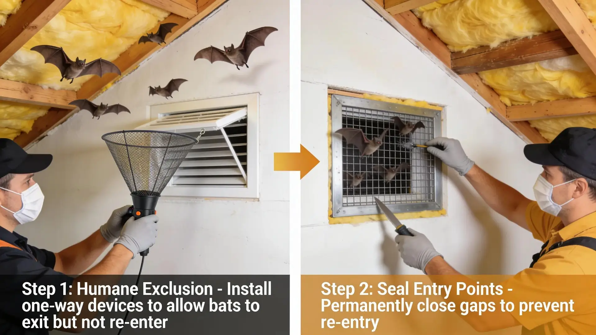 Humane exclusion removes bats from an attic without killing or poisoning them, then seals