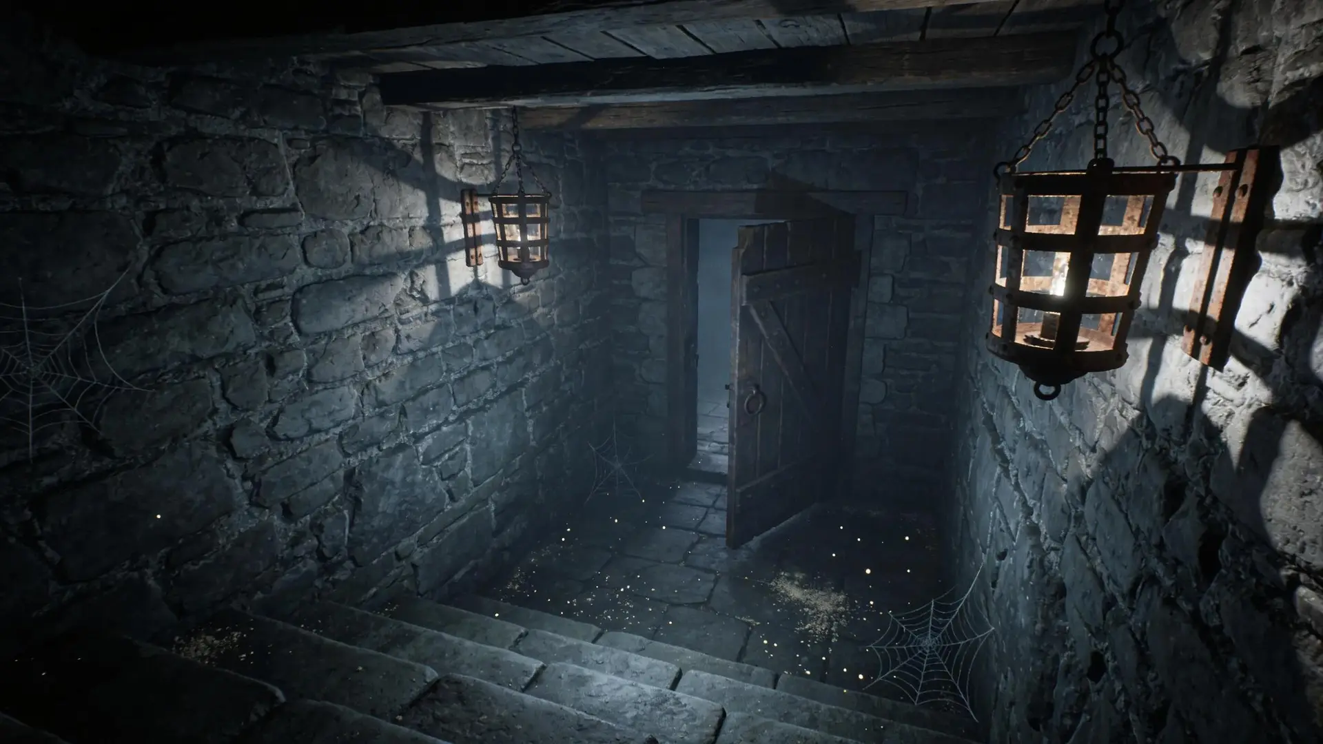 ### Key Elements **Setting** - Dark, enclosed space resembling a basement or cellar. - Stone