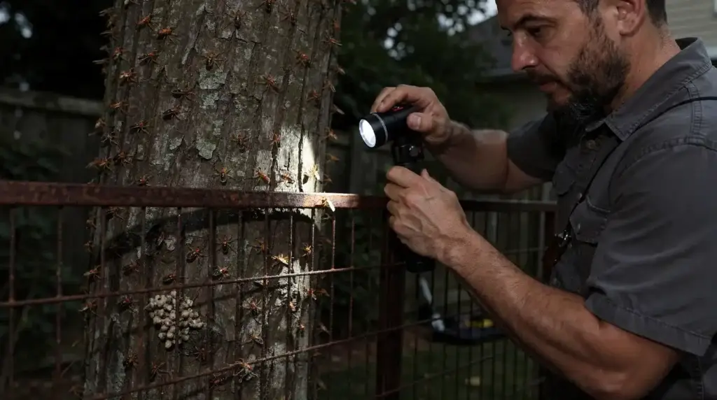 Man scraping spotted lanternfly egg masses