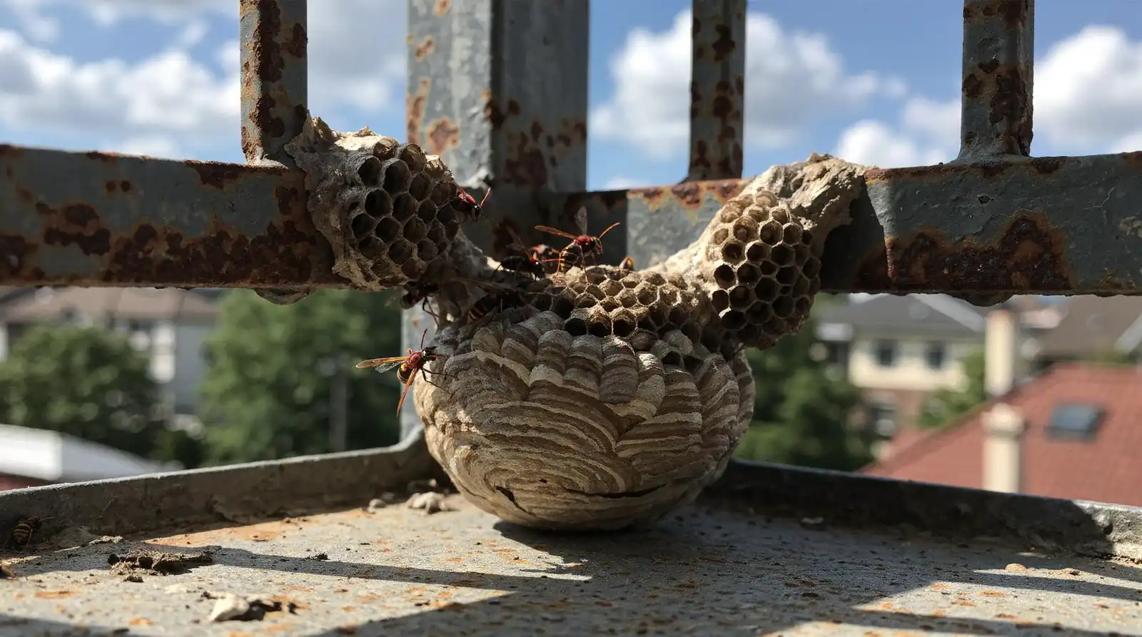 Wasp nest attached to railing