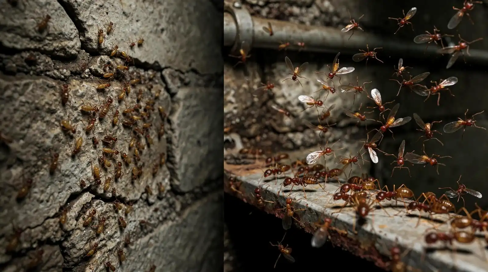 Winged termites and winged carpenter ants both produce segmented, swarming insects that appear around